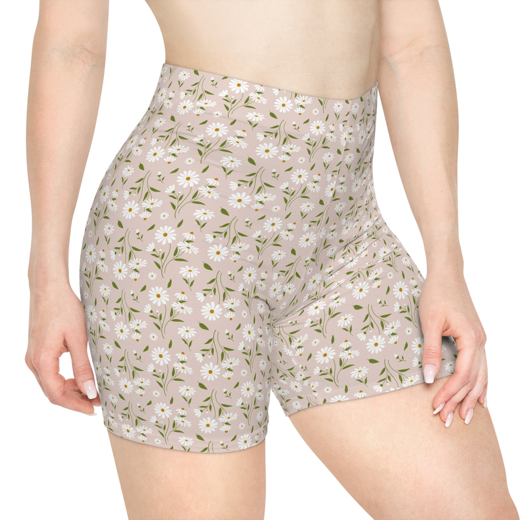 Floral Daisy Print Biker Shorts — Pastel Pink Women's Activewear