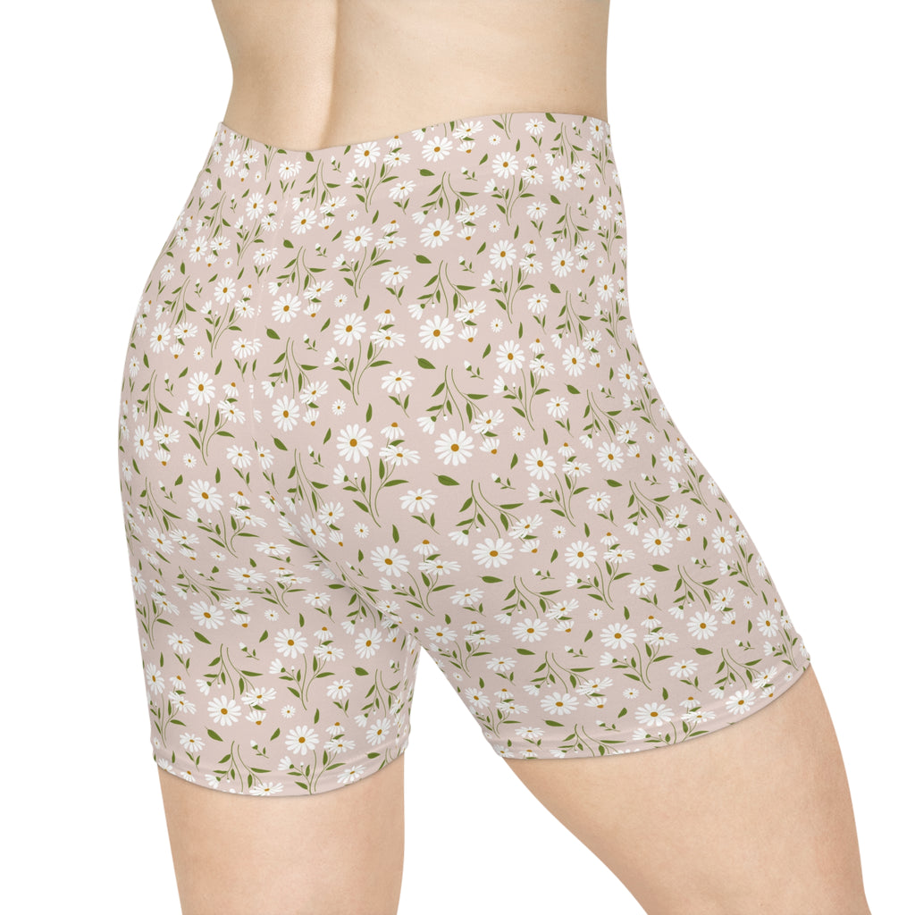 Floral Daisy Print Biker Shorts — Pastel Pink Women's Activewear