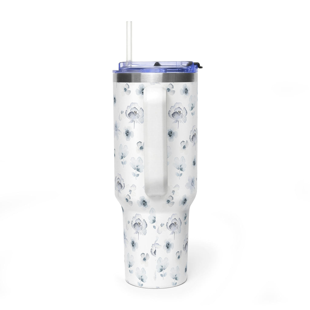 40oz Floral Vacuum Tumbler — White Watercolor Poppy Insulated Cup