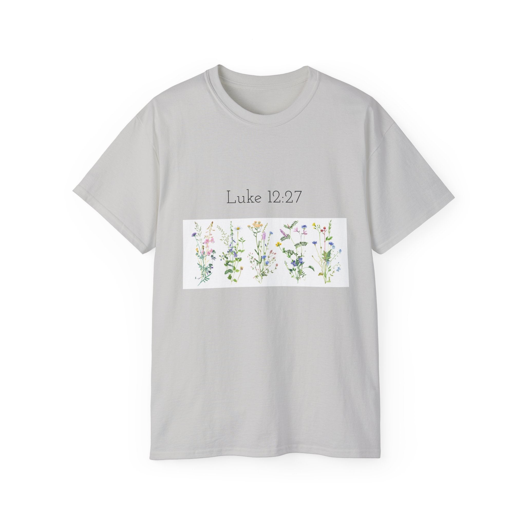 Christian Floral T‑Shirt — Luke 12:27 Scripture Tee