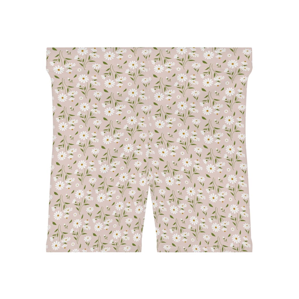 Floral Daisy Print Biker Shorts — Pastel Pink Women's Activewear
