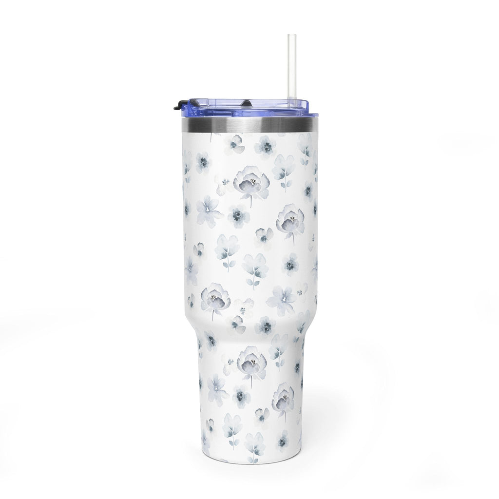 40oz Floral Vacuum Tumbler — White Watercolor Poppy Insulated Cup