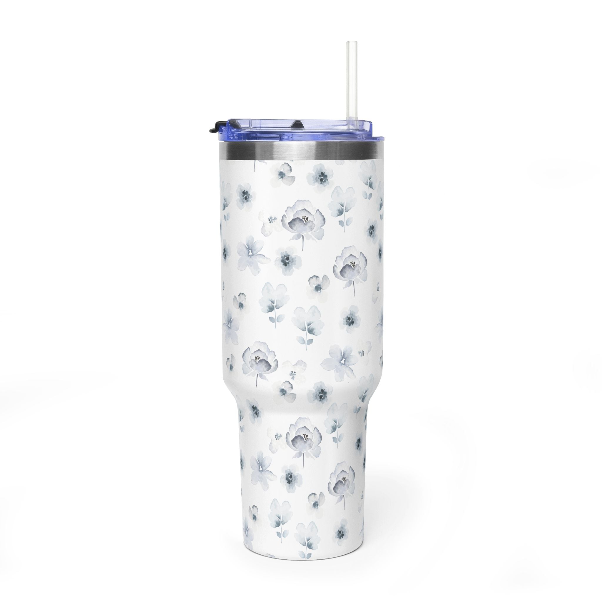 40oz Floral Vacuum Tumbler — White Watercolor Poppy Insulated Cup