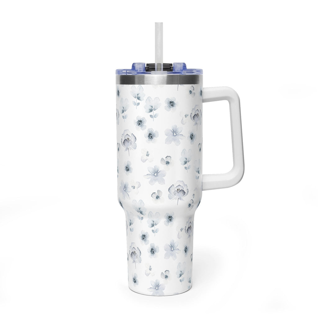 40oz Floral Vacuum Tumbler — White Watercolor Poppy Insulated Cup