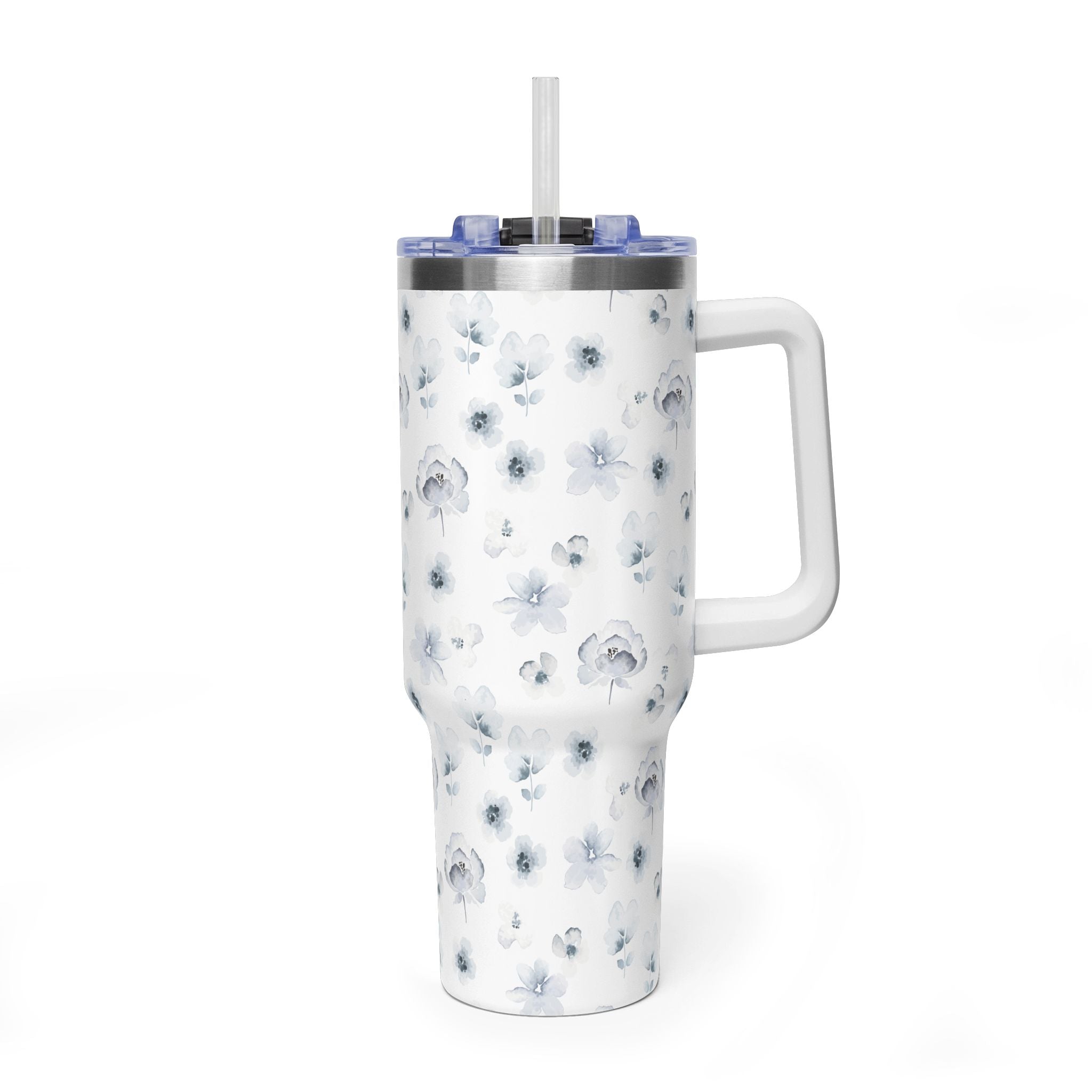 40oz Floral Vacuum Tumbler — White Watercolor Poppy Insulated Cup