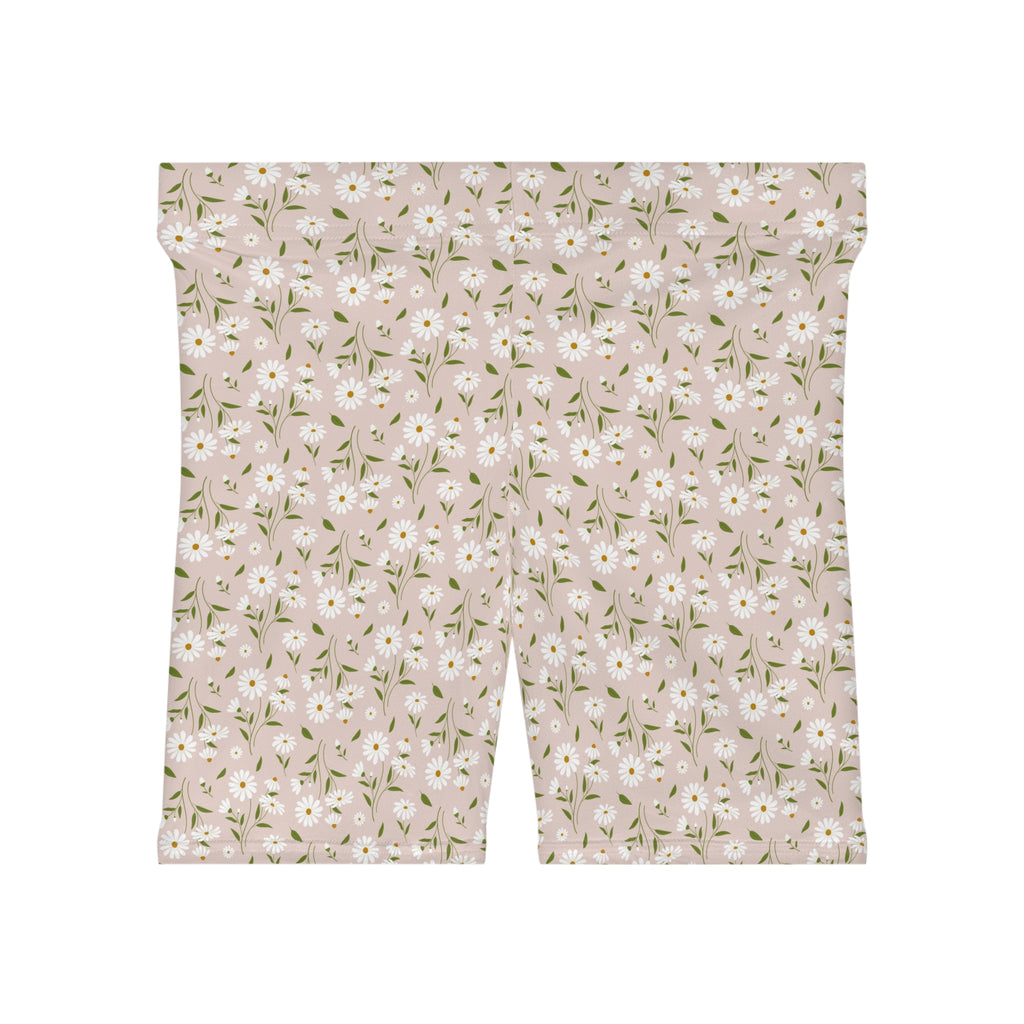 Floral Daisy Print Biker Shorts — Pastel Pink Women's Activewear