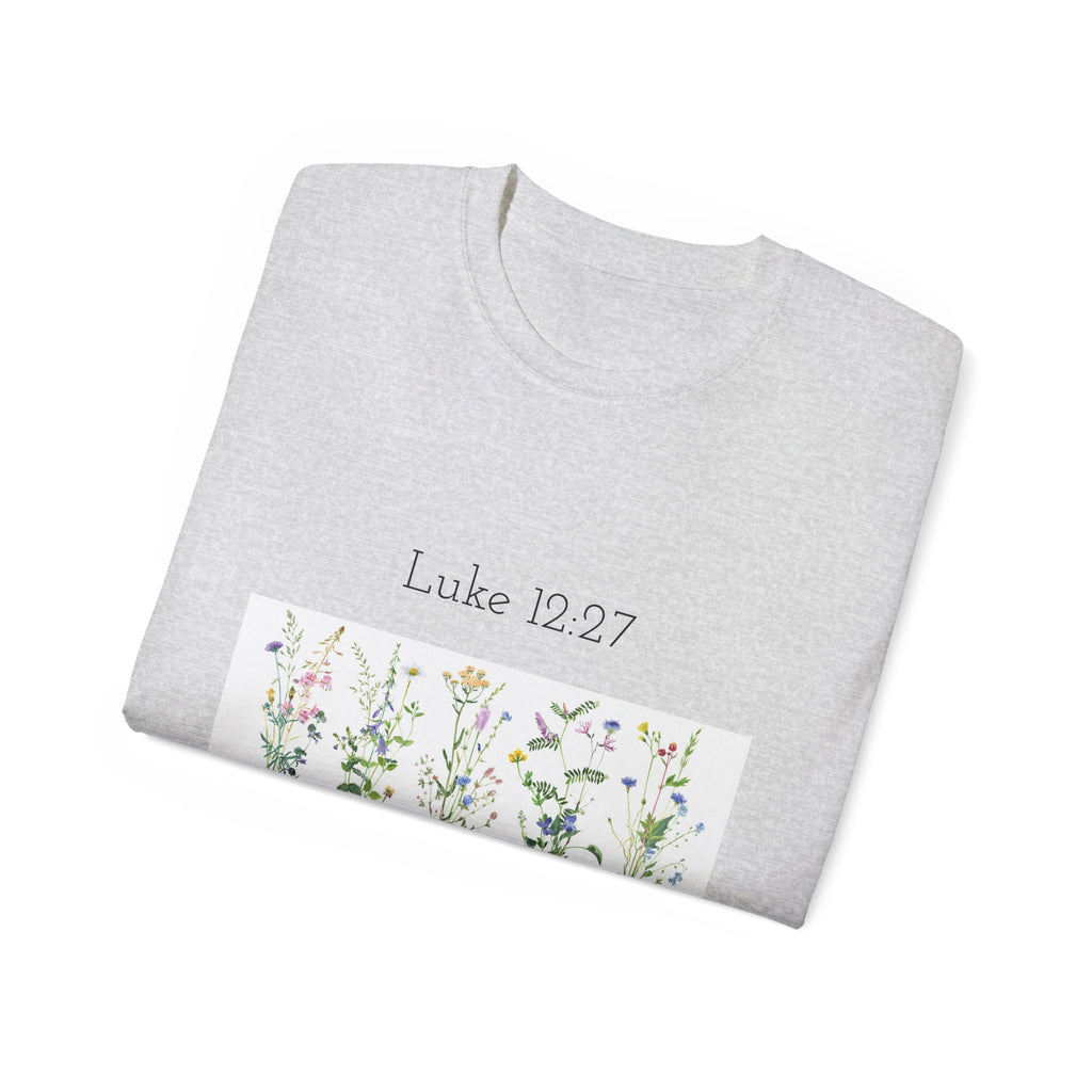 Christian Floral T‑Shirt — Luke 12:27 Scripture Tee
