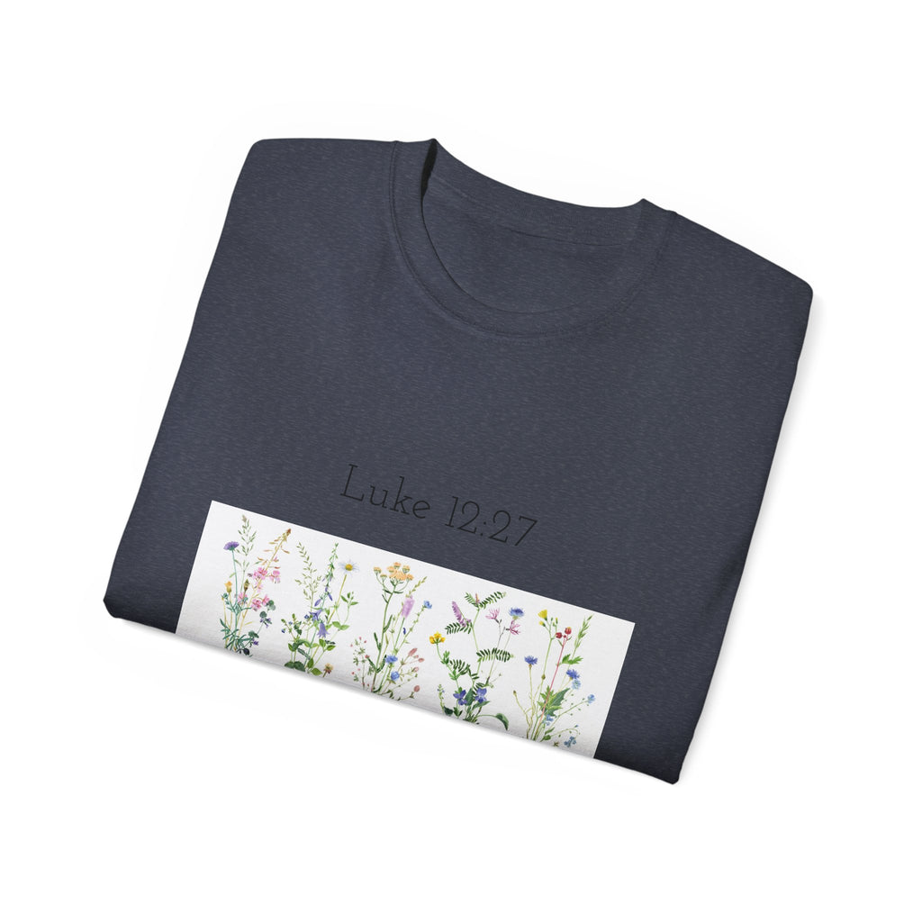 Christian Floral T‑Shirt — Luke 12:27 Scripture Tee