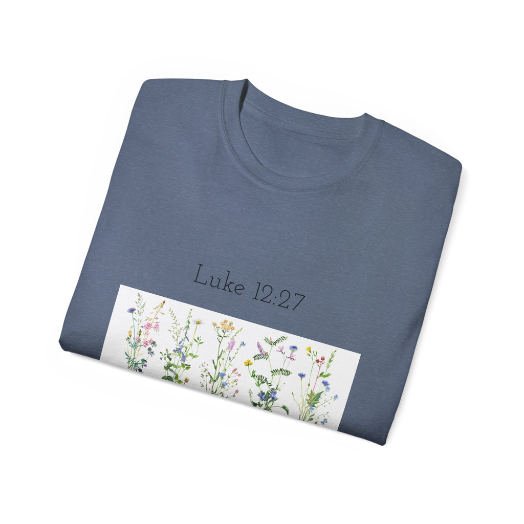 Christian Floral T‑Shirt — Luke 12:27 Scripture Tee
