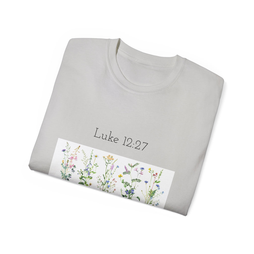 Christian Floral T‑Shirt — Luke 12:27 Scripture Tee