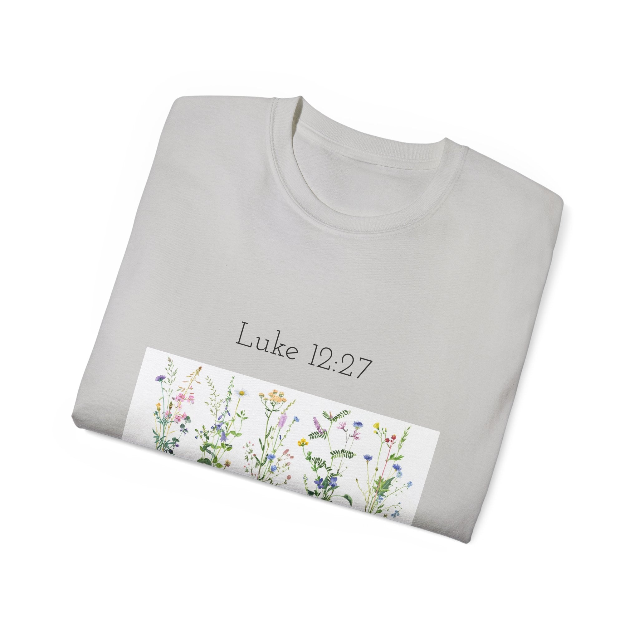 Christian Floral T‑Shirt — Luke 12:27 Scripture Tee