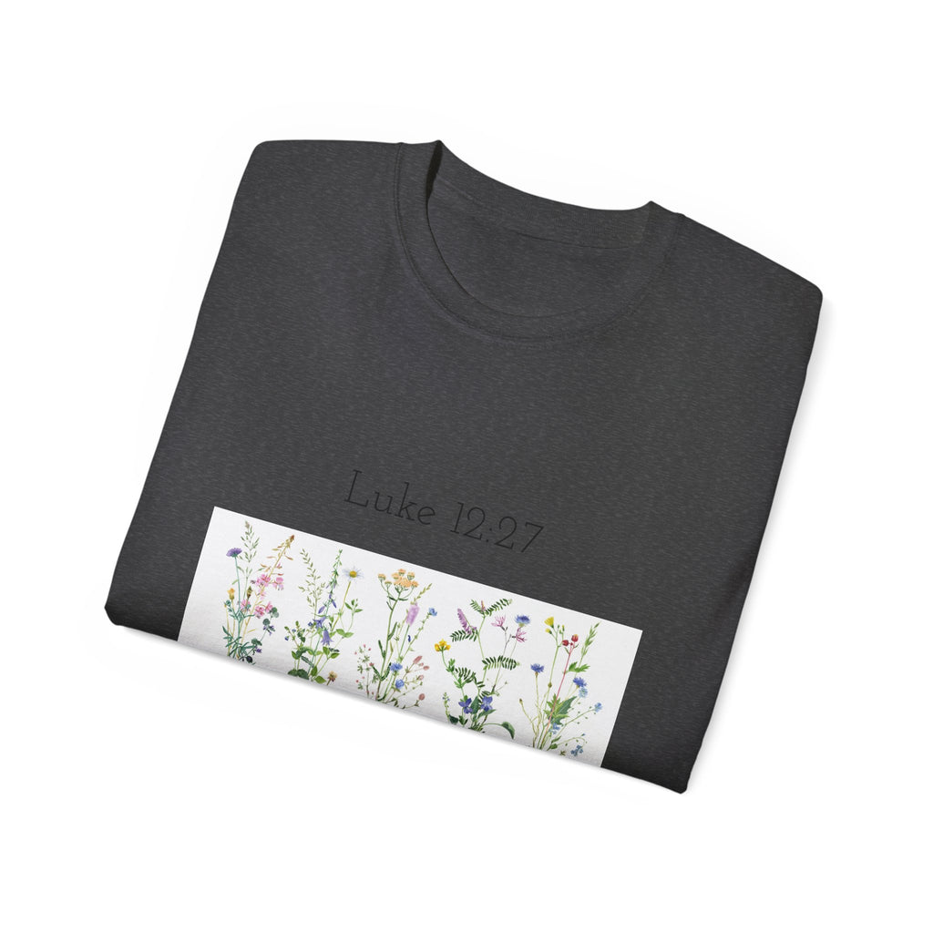 Christian Floral T‑Shirt — Luke 12:27 Scripture Tee