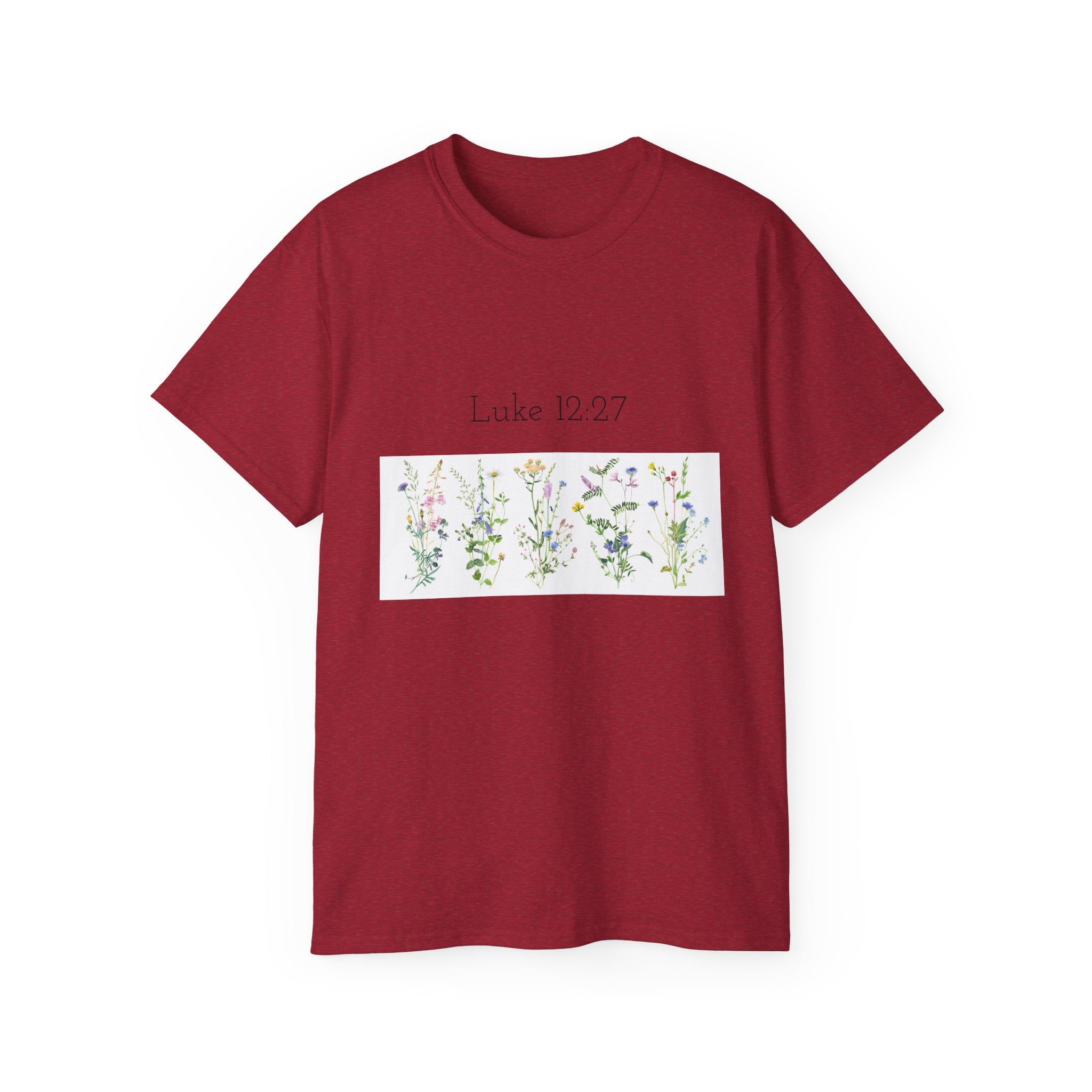 Christian Floral T‑Shirt — Luke 12:27 Scripture Tee