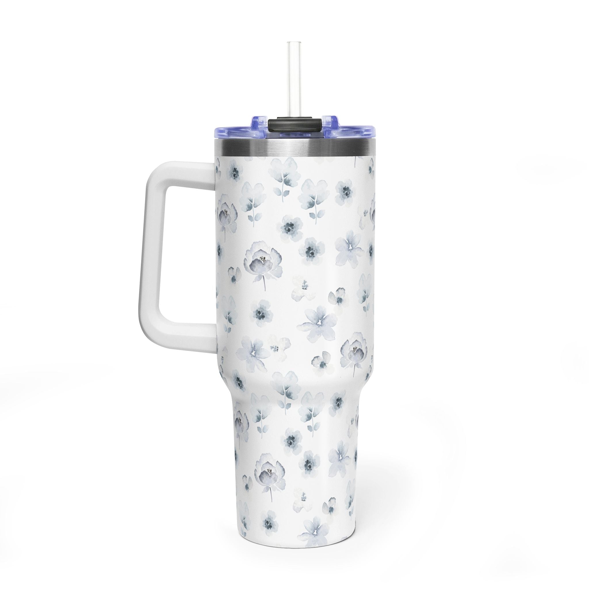 40oz Floral Vacuum Tumbler — White Watercolor Poppy Insulated Cup
