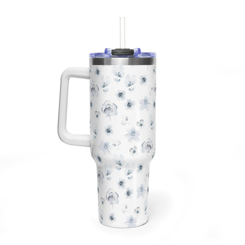 40oz Floral Vacuum Tumbler — White Watercolor Poppy Insulated Cup