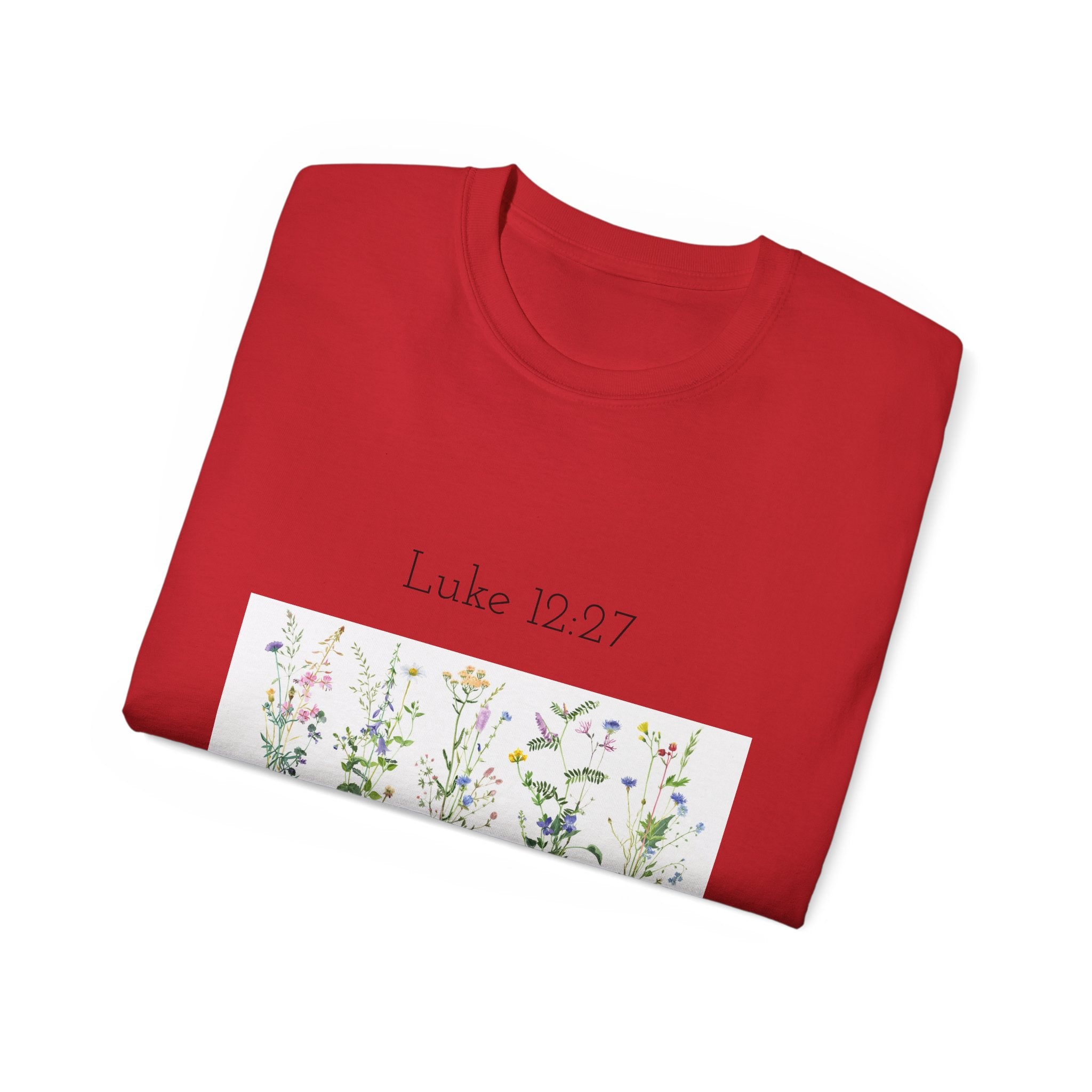 Christian Floral T‑Shirt — Luke 12:27 Scripture Tee