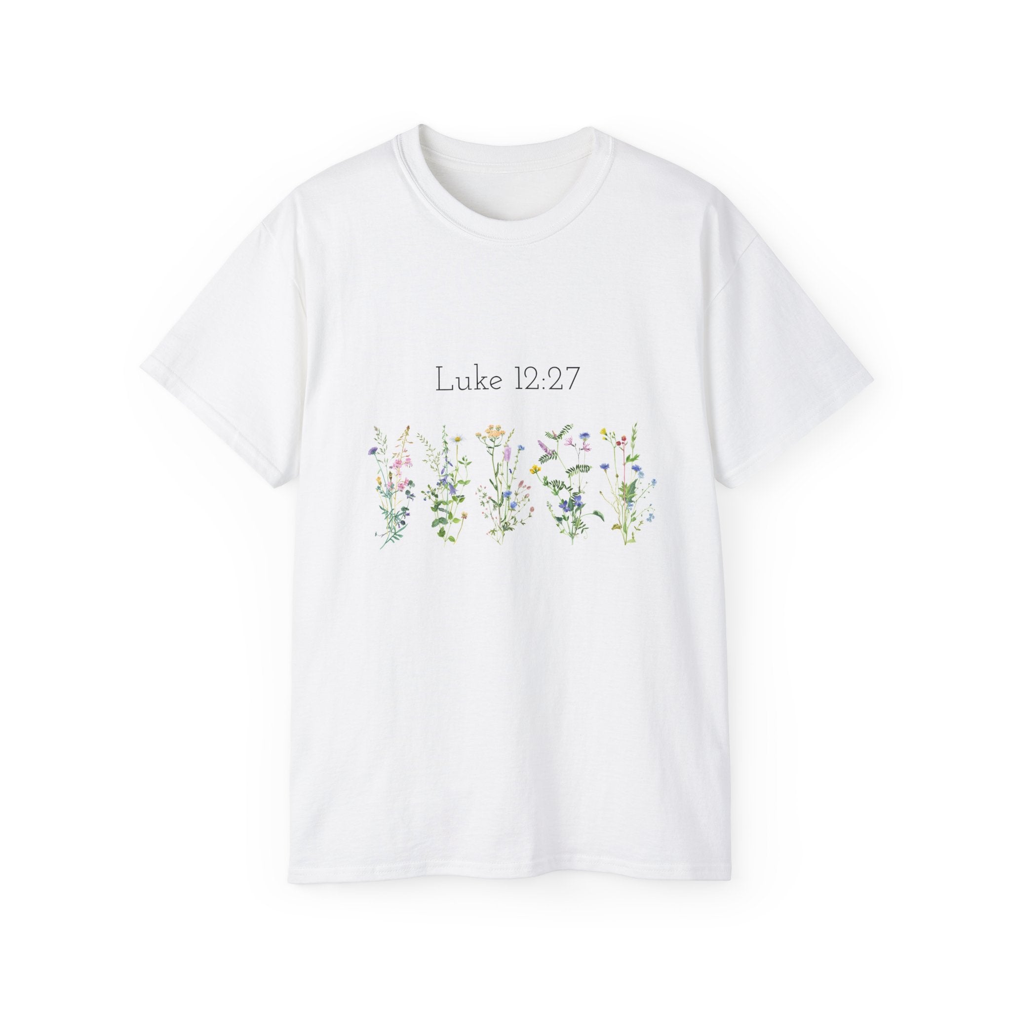Christian Floral T‑Shirt — Luke 12:27 Scripture Tee
