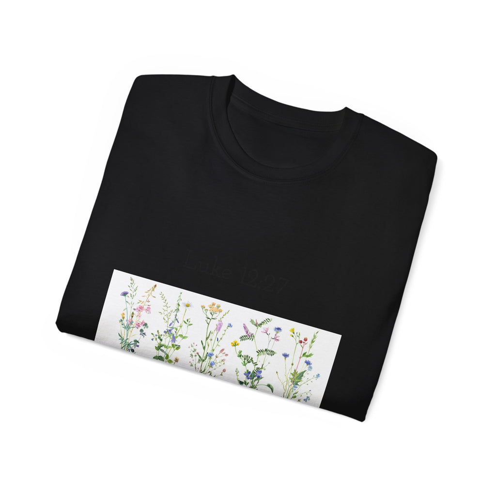 Christian Floral T‑Shirt — Luke 12:27 Scripture Tee