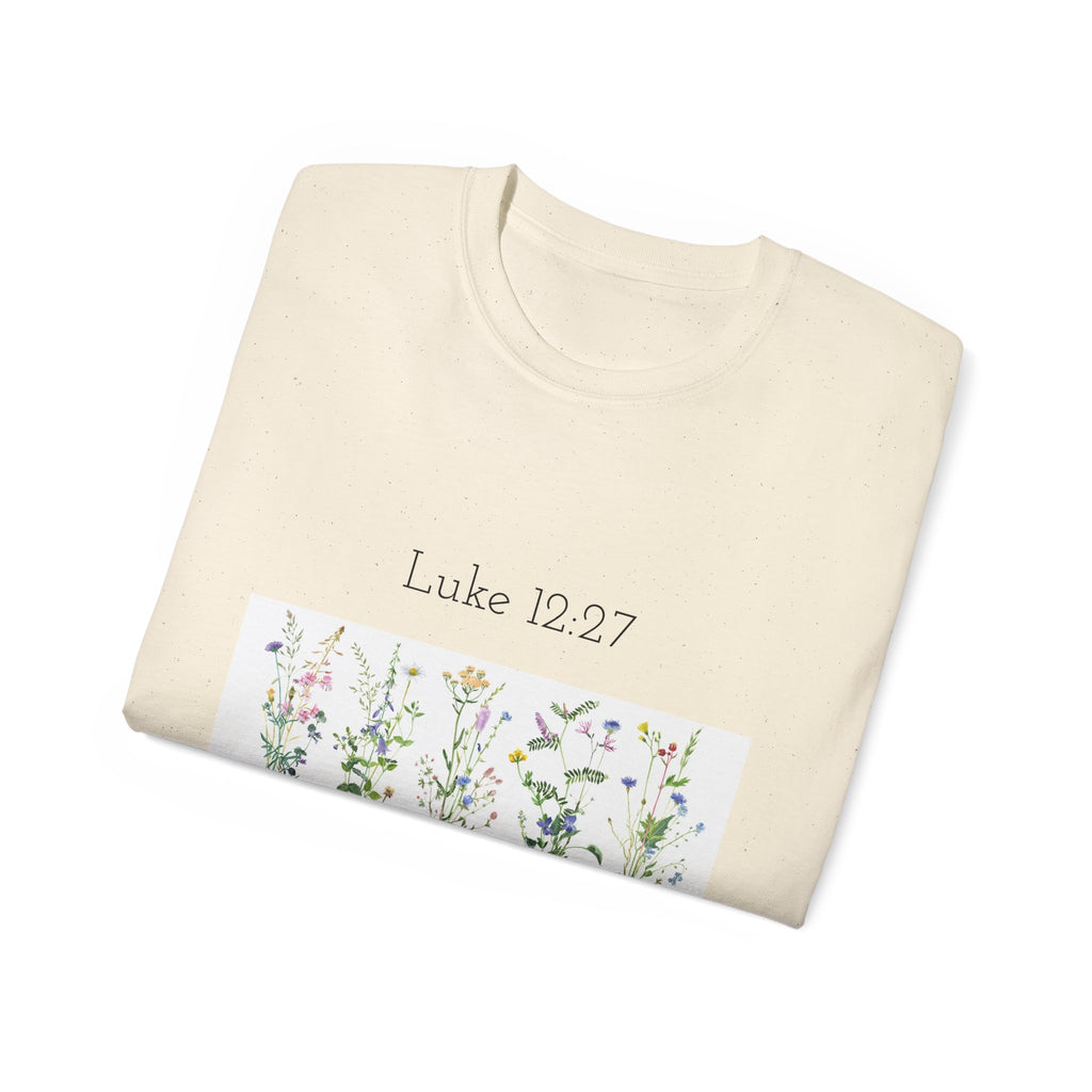 Christian Floral T‑Shirt — Luke 12:27 Scripture Tee
